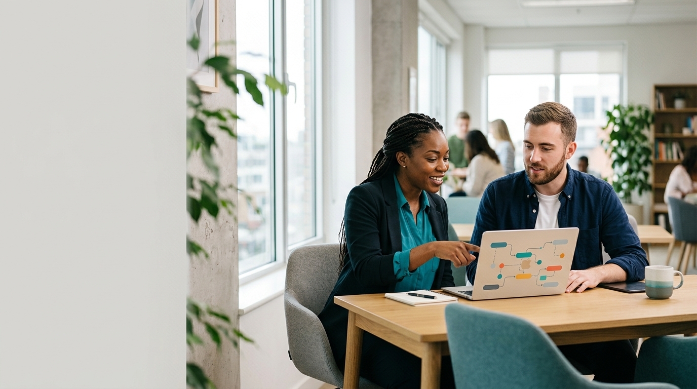 Business owner and marketing automation freelancer reviewing a CRM workflow