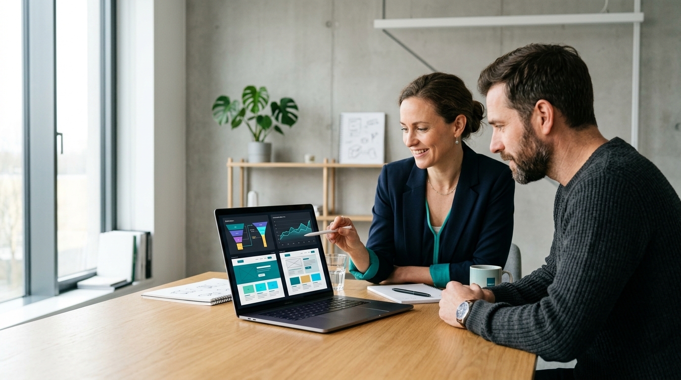 Freelance CRO expert reviewing a landing-page experiment with a business owner